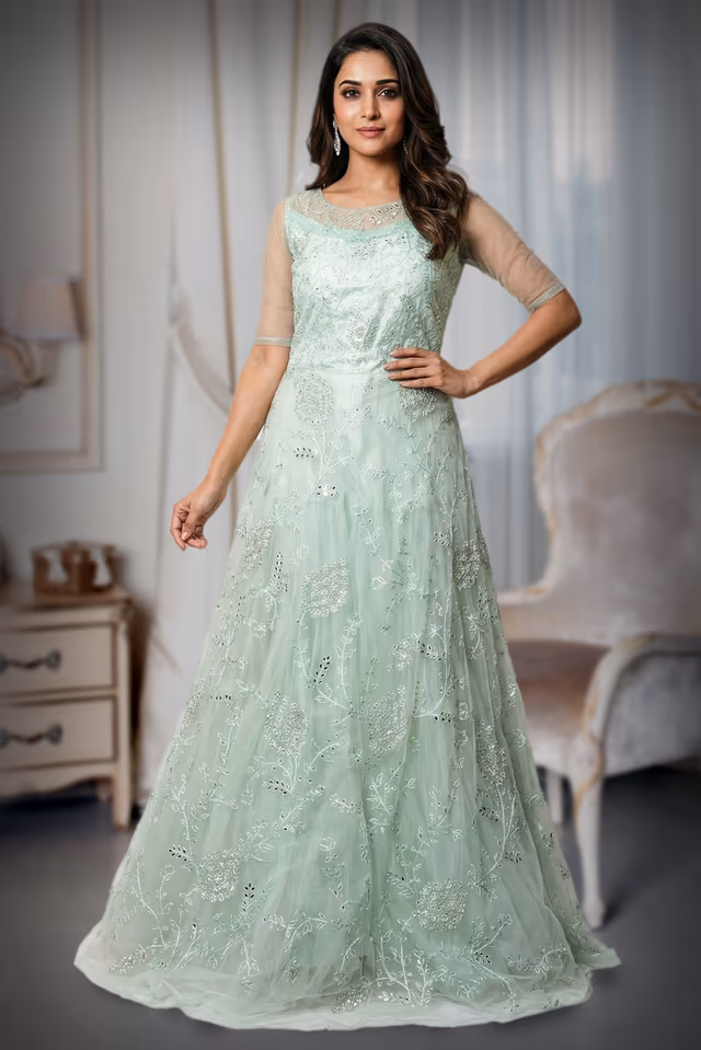 Mint Green Net Gown with Intricate Sequin and Bead Work — back view, rent in Kochi