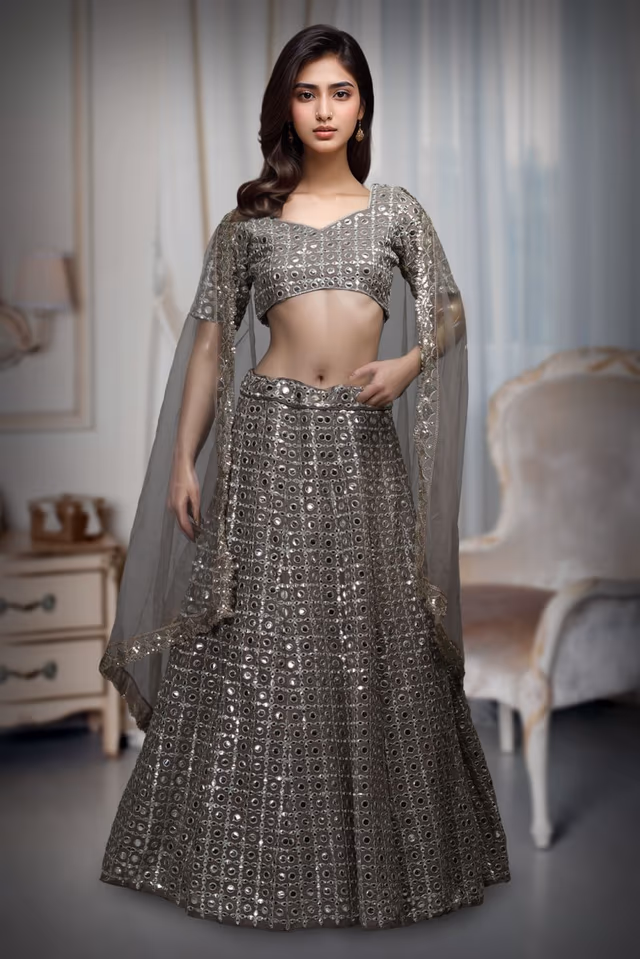 Heavy Mirror Worked Faux Georgette Lehenga With Same Colour Blouse And Dupatta — rent in Coimbatore