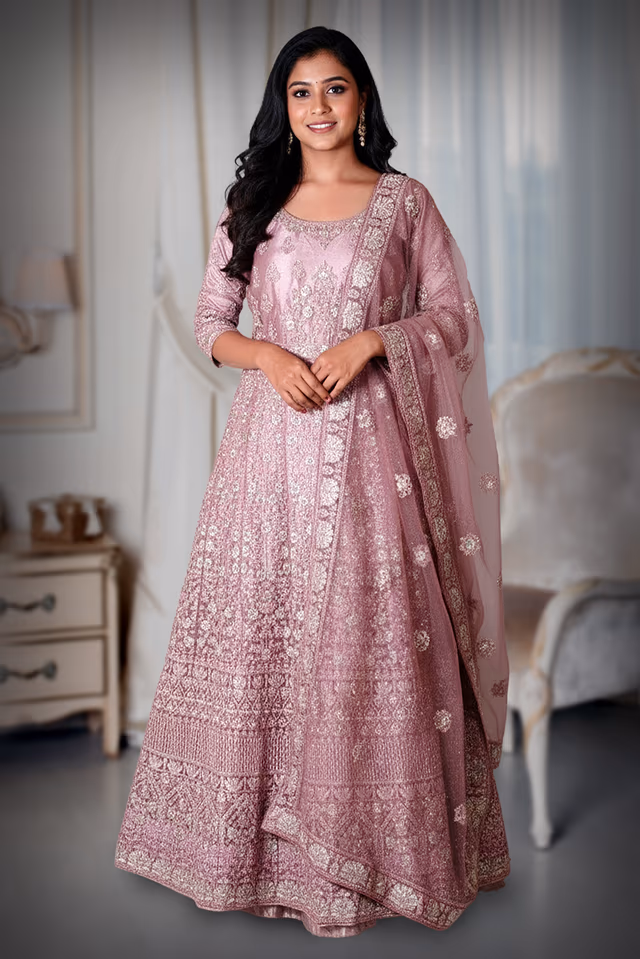 Pastel Peach Pre Wedding Gown With Thread And Sequins Embroidery All Over The Gown — rent in Calicut