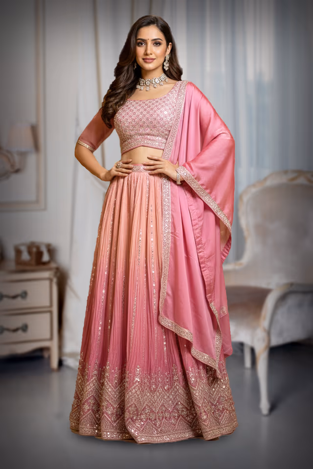 Pink Ombre Embroidered Lehenga with Sequined Blouse & Dupatta — rent in Kochi