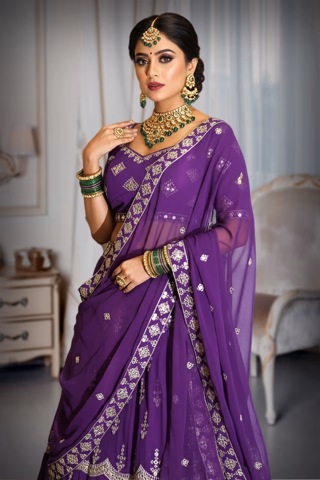 Regal Purple Heavily Embroidered Layered Lehenga with Coordinated Blouse and Dupatta — rent in Kochi