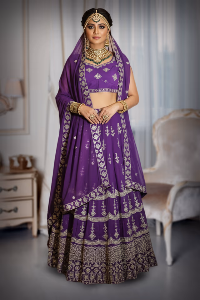 Regal Purple Heavily Embroidered Layered Lehenga with Coordinated Blouse and Dupatta — back view, rent in Kochi