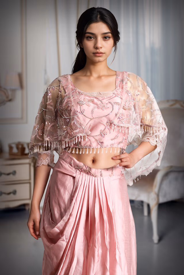 Salmon Pink Draped Indowestern With Stone Work Cape Details — rent in Coimbatore