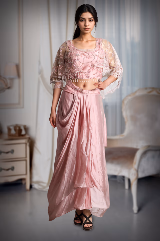 Salmon Pink Draped Indowestern With Stone Work Cape Details — back view, rent in Coimbatore