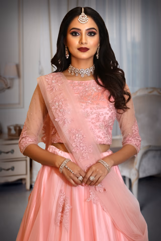 Soft Pink Embroidered Crop Top Lehenga Set — rent in Kochi