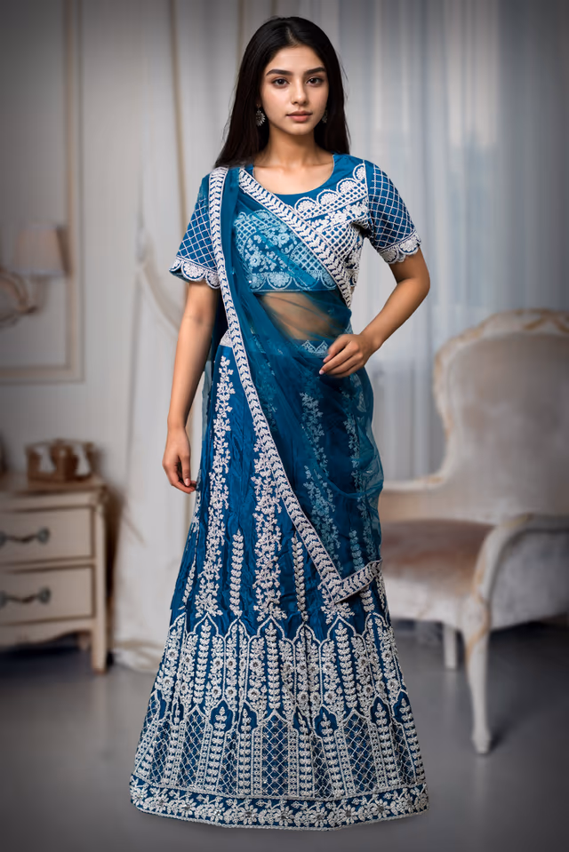 Teal Blue Faux Georgette Lehenga With White Threadwork Details — rent in Coimbatore