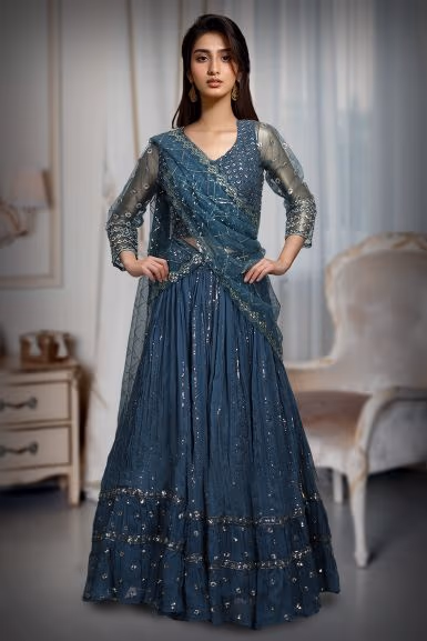 Teal Blue Minimal Lehenga With Exquisite Sequin Work Embellishment Along With Same Colour Blouse And… — rent in Coimbatore