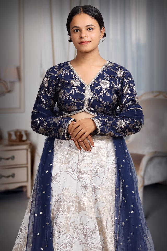 White And Blue Combination Brocade Lehenga With Golden Embellishment Details — rent in Calicut