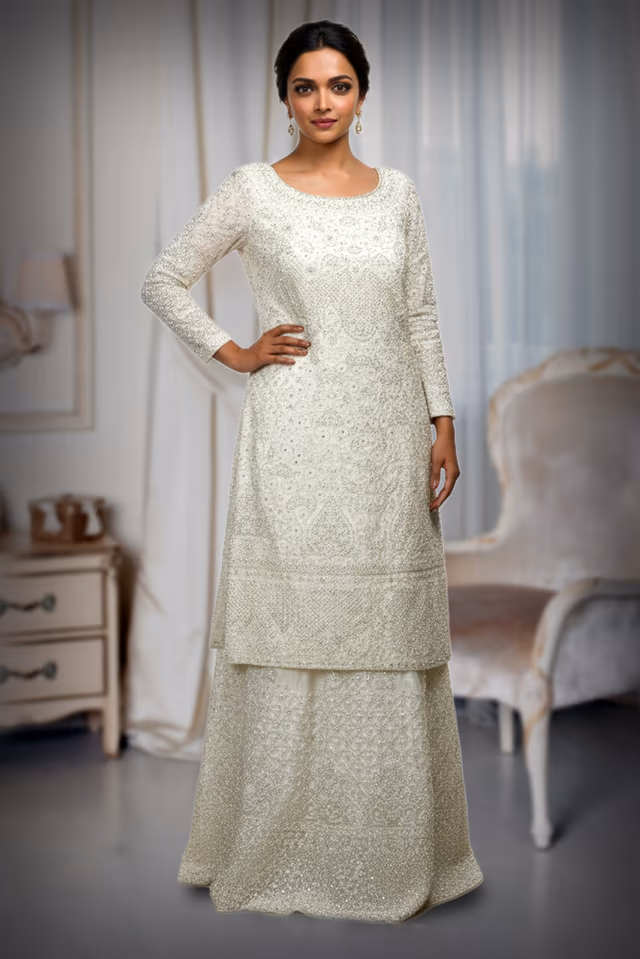 White Embellished Bridal Sharara Set With White Stone Details On Pant And Top — back view, rent in Calicut