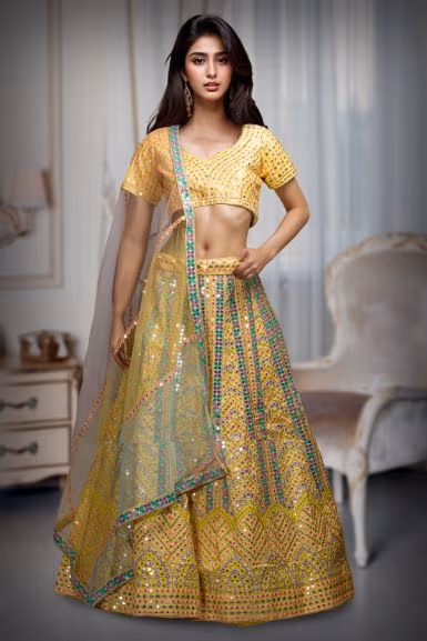 Yellow Dola Silk Multi Thread Sequins Work Lehenga With Same Colour Blouse And Multicolour Dupatta — rent in Coimbatore