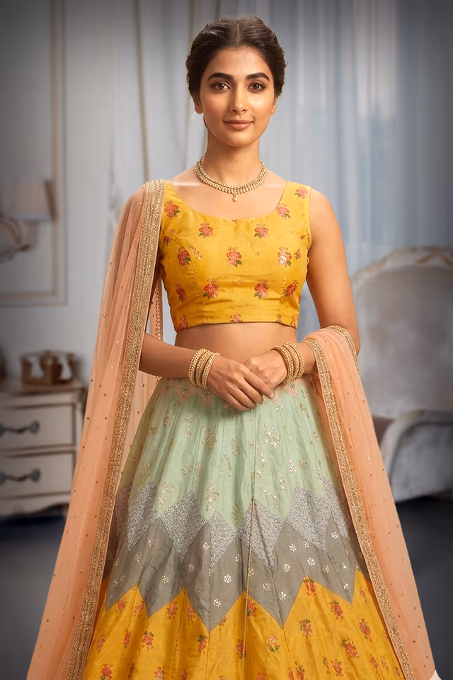 Yellow lehenga with pastel multi color threadwork and peach dupatta set — rent in Bangalore