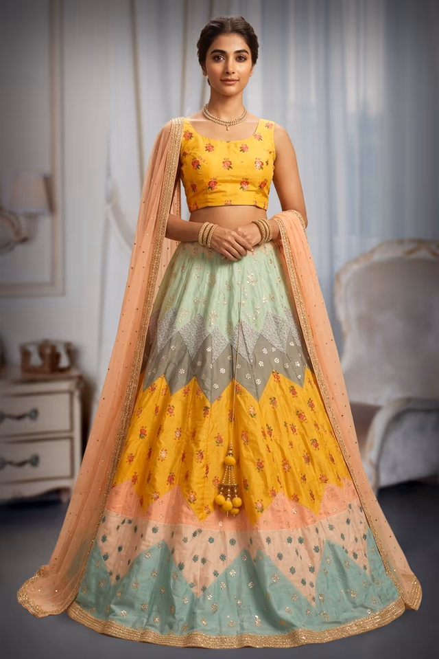 Yellow lehenga with pastel multi color threadwork and peach dupatta set — back view, rent in Bangalore