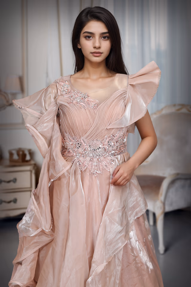Almond Beige Colour Heavy Work Crushed Drapping  Gown With Heavy Embellishment on left Shoulder And Yoke — rent in Coimbatore