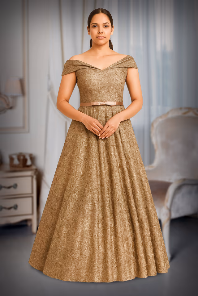 Antique Golden Gown , Self emellished , Off Shoulder Dress — back view, rent in Coimbatore