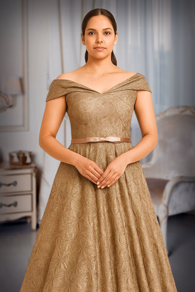 Antique Golden Gown , Self emellished , Off Shoulder Dress — rent in Coimbatore