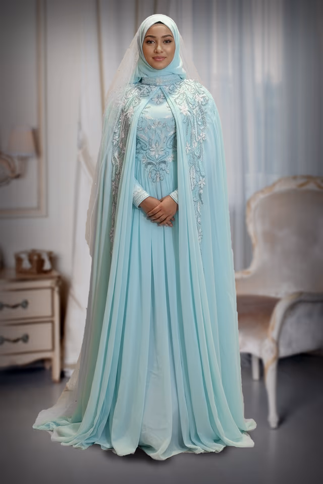 Aqua Georgette Gown with Cape and Embellished Shoulders. — back view, rent in Kochi