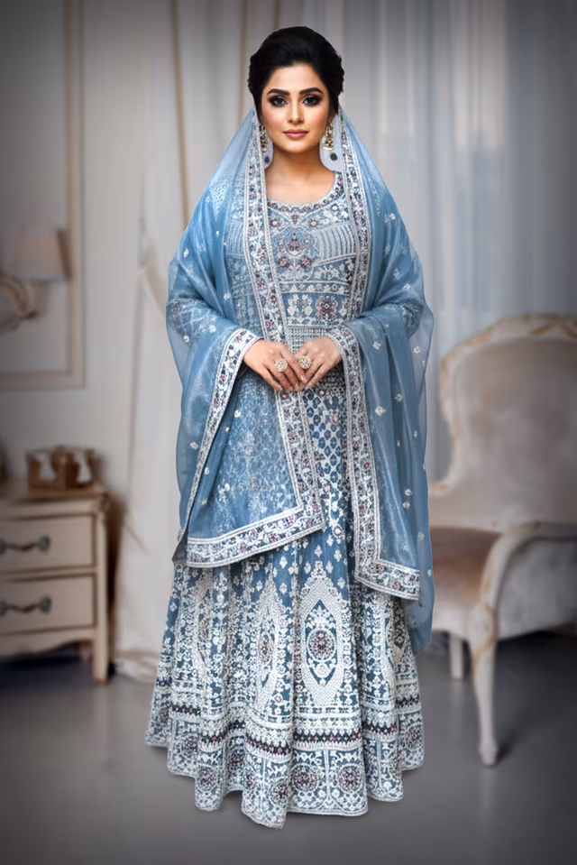 Arctic blue with white embriodered gown — back view, rent in Bangalore