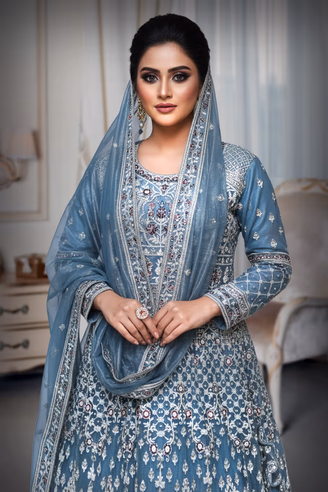 Arctic blue with white embriodered gown — rent in Bangalore