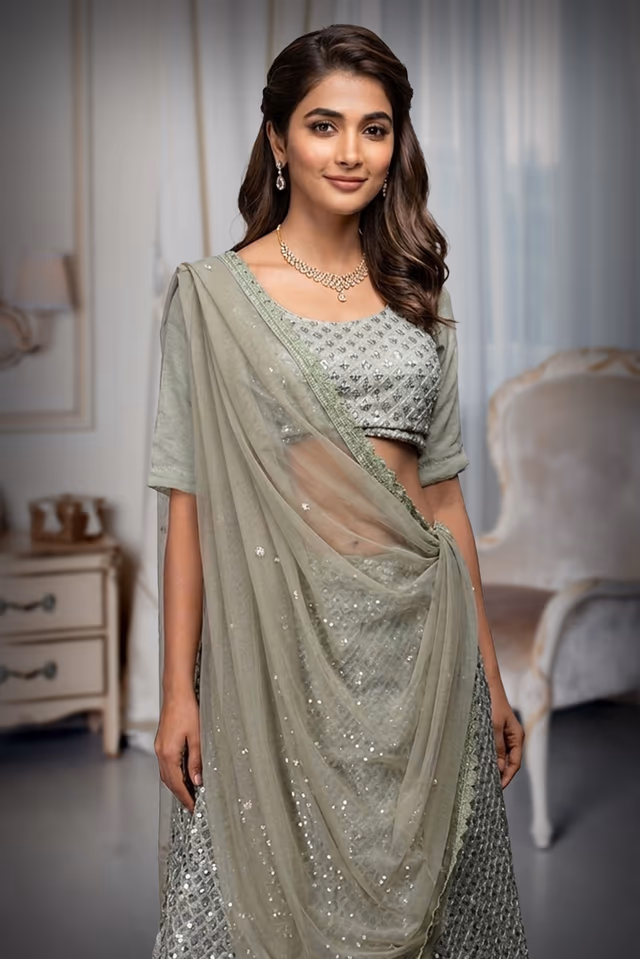 Avocado Green Faux Georgette Sequince Worked Lehenga With Same Colour Blouse And Dupatta — rent in Coimbatore