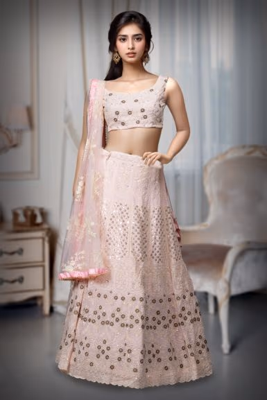 Baby Pink Georgette Lehenga With Heavy Sequin Embroidery With Threadwork Along With Same… — back view, rent in Coimbatore