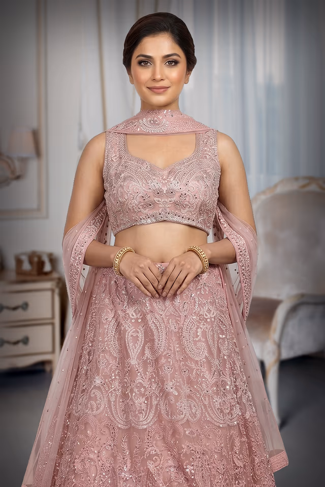 Baby Pink Pre Wedding Lehenga With Intricate Stone Work Details Along With Same Color Dupatta — rent in Kochi