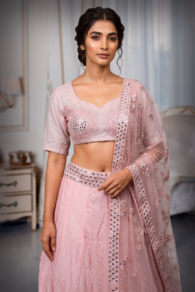 Baby Pink Minimal Lehenga With Heavy Detailed Paper Mirror Work embellished Border In Skirt With… — rent in Coimbatore
