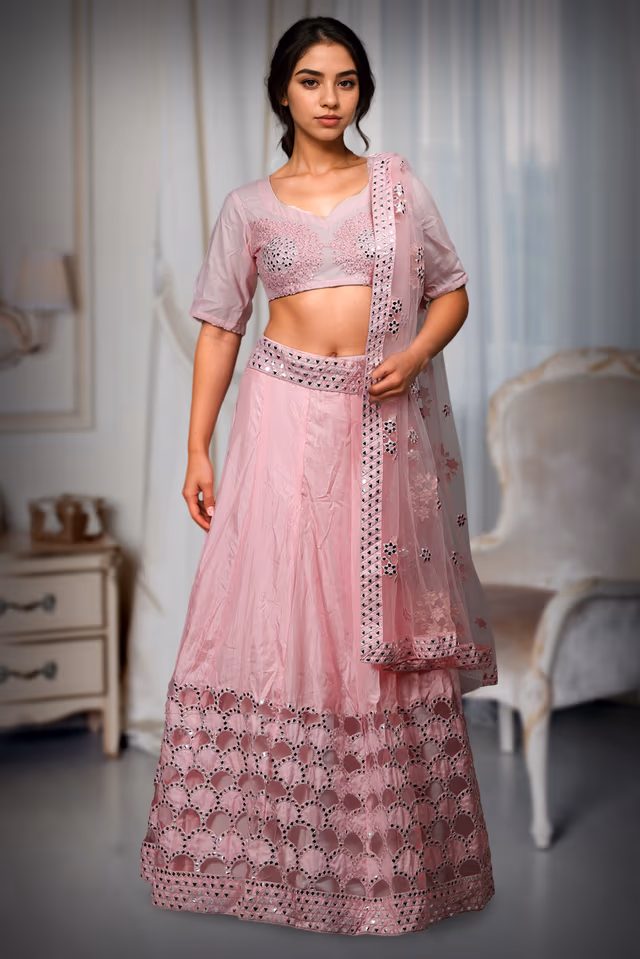 Baby Pink Minimal Lehenga With Heavy Detailed Paper Mirror Work embellished Border In Skirt… — back view, rent in Coimbatore
