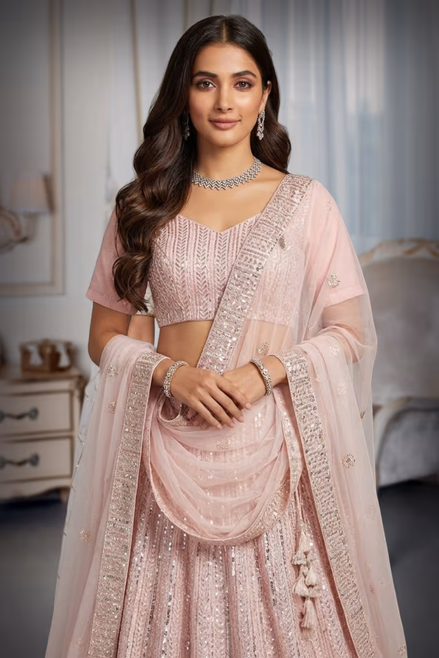 Baby Pink Minimal Lehenga With Heavy embellished Border In Skirt With Detailed Blouse And Dupatta — rent in Coimbatore