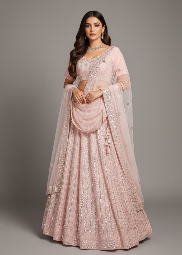 Baby Pink Minimal Lehenga With Heavy embellished Border In Skirt With Detailed Blouse And… — back view, rent in Coimbatore