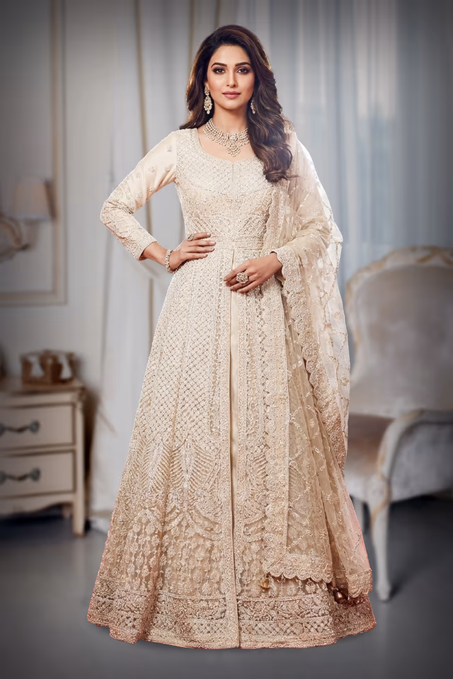 Heavy Beaded Ivory Long Jacket Gown with Intricate Mesh Work — back view, rent in Ernakulam