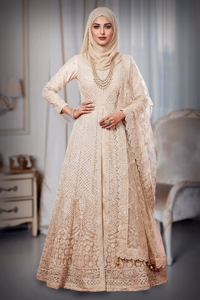 Heavy Beaded Ivory Long Jacket Gown with Intricate Mesh Work — back view, rent in Kochi