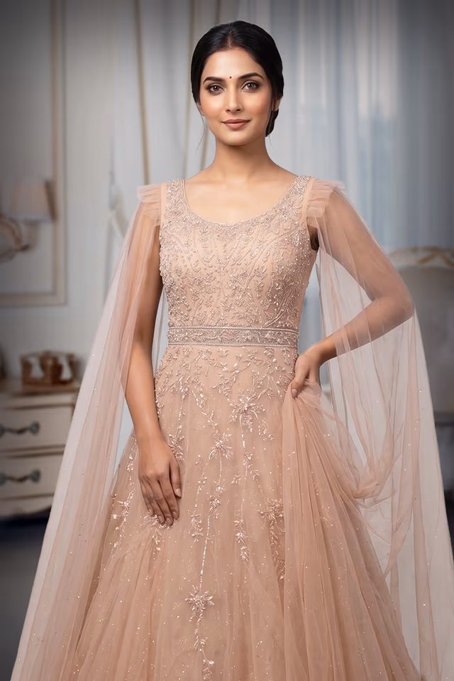 Beige Heavy Threadwork Embellished Bridal Gown  With Long Cape Sleeve — rent in Kochi