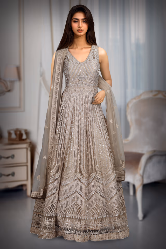 Beige heavy Worked Gown With Exquisite Texture And Embellishment Work All Over The Body — rent in Coimbatore