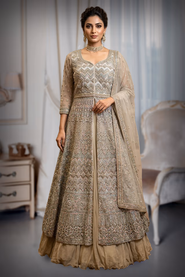 Bisque Beige Color Bridal Anarkali Gown With Stonework And Threadwork Details Along With Same… — back view, rent in Calicut