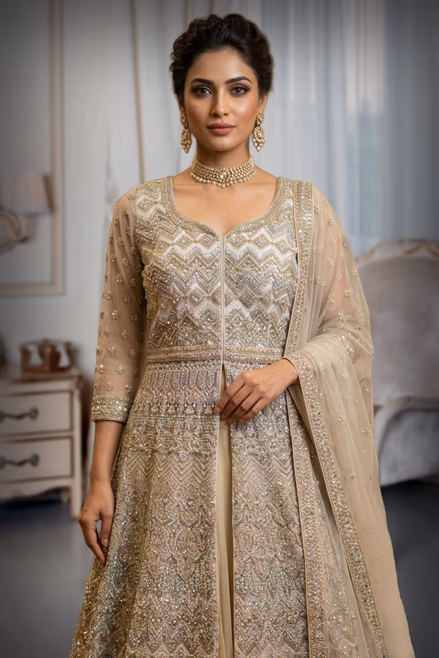 Bisque Beige Color Bridal Anarkali Gown With Stonework And Threadwork Details Along With Same Color Dupatta — rent in Calicut
