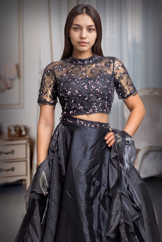 Black Frilled Lehenga With Stone Worked Crop Top Along With Frilled Dupatta — rent in Kochi