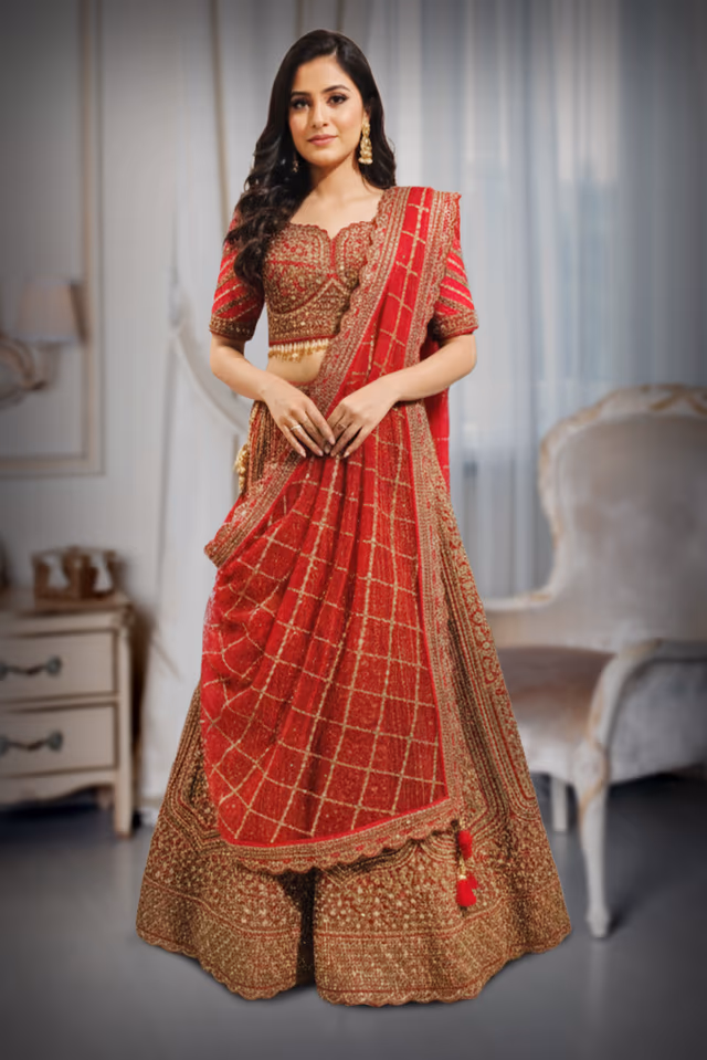 Blood Red Silk Lehenga With Intricate Golden Handwork Details In Skirt And Top Along With Same… — back view, rent in Calicut