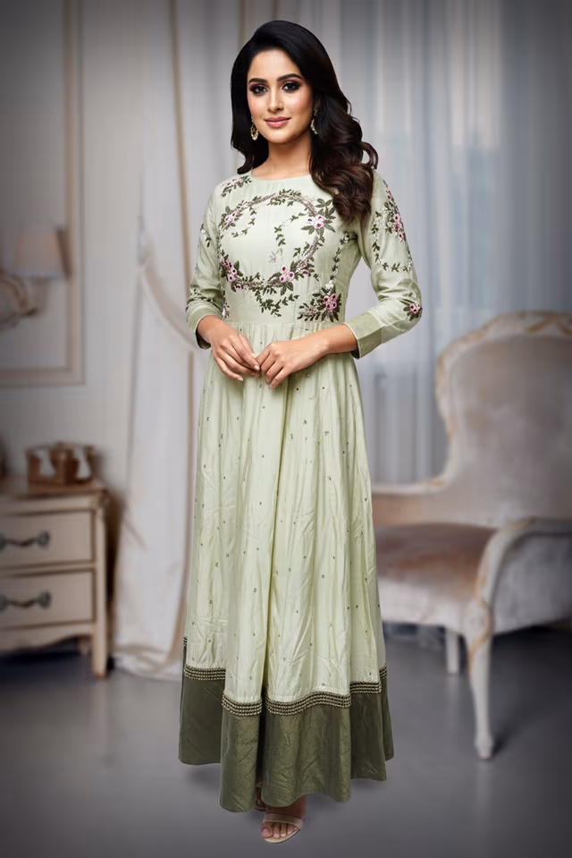 Blooming floral Anarkali in Mint green — back view, rent in Bangalore