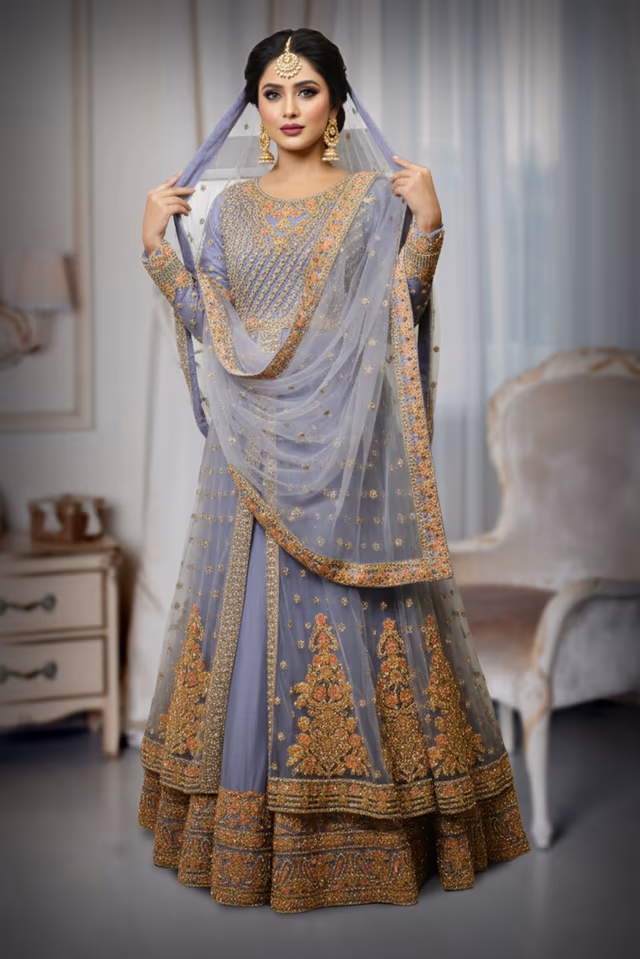 Grey Blue Pre Wedding Gown With Thread And Sequins Embroidery All Over The Gown — back view, rent in Calicut