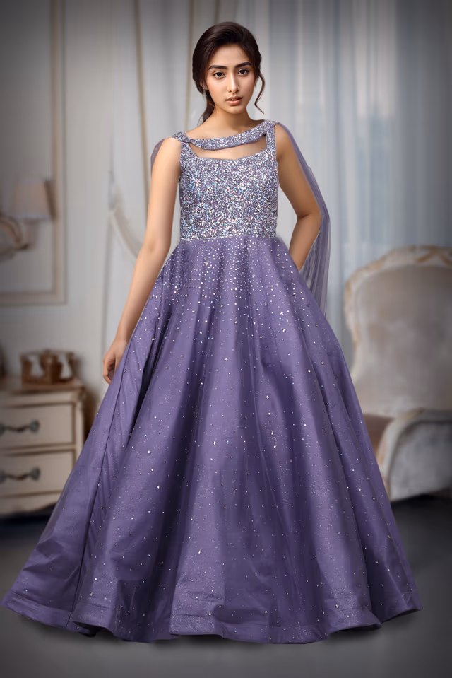 Blue Lilac Exquisite Gown With Neckline Detailing And Rainbow Textured Work On Center Front — back view, rent in Coimbatore