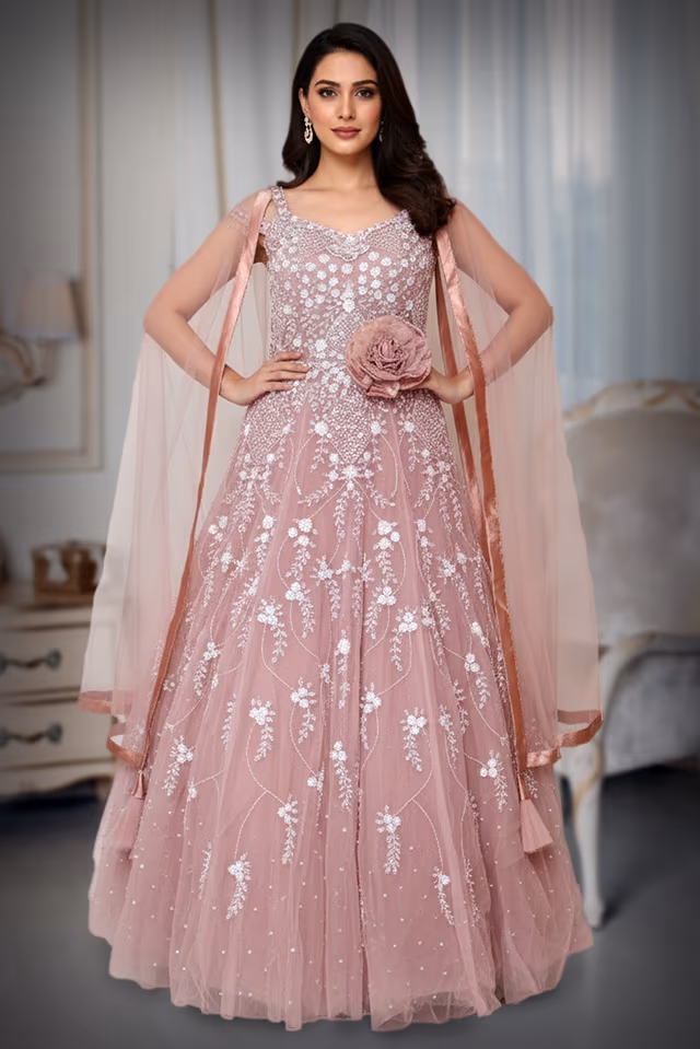 Blush Pink Pearl Bloom Embroidered Net Gown – White Threadwork & Sequin Floral Vine Design — back view, rent in Coimbatore