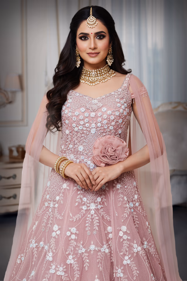 Blush Pink Pearl Bloom Embroidered Net Gown – White Threadwork & Sequin Floral Vine Design — rent in Coimbatore