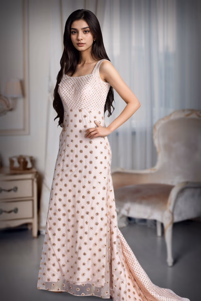 Blush Radiance  Shimmer Polka Dot And Rose Gold Beeded Embroidery Trail Gown — back view, rent in Bangalore
