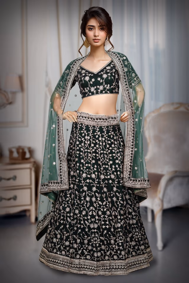 Bottle Green Colour Velvet Lehenga With Same Colour Blouse And Dupatta — rent in Coimbatore