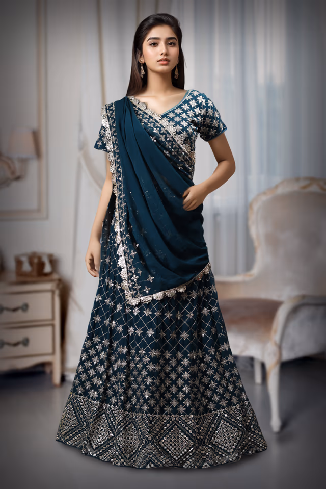 Bottle Green Faux Georgette Sequince Worked Lehenga — back view, rent in Coimbatore