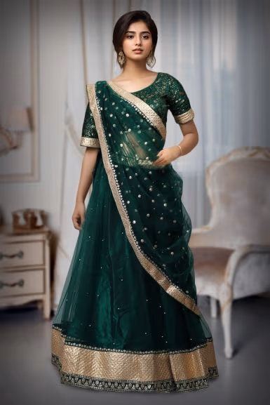Bottle Green Nylon Lehenga With Heavy Worked Blouse And Well Detailed Dupatta — back view, rent in Coimbatore