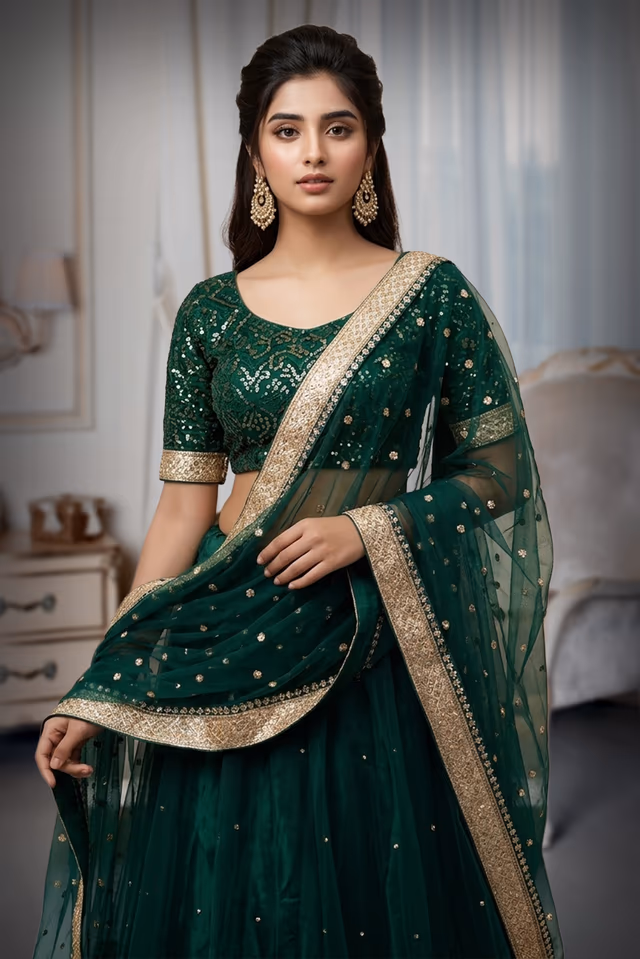Bottle Green Nylon Lehenga With Heavy Worked Blouse And Well Detailed Dupatta — rent in Coimbatore