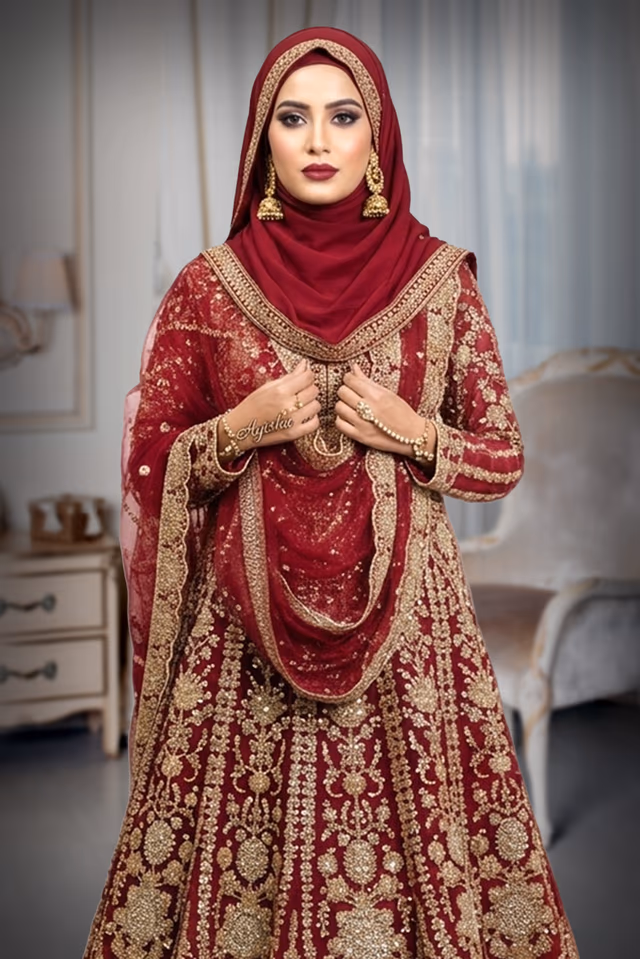 Burgundy Heavy Embroidered Arabic Lehenga  with Dupatta — rent in Kochi