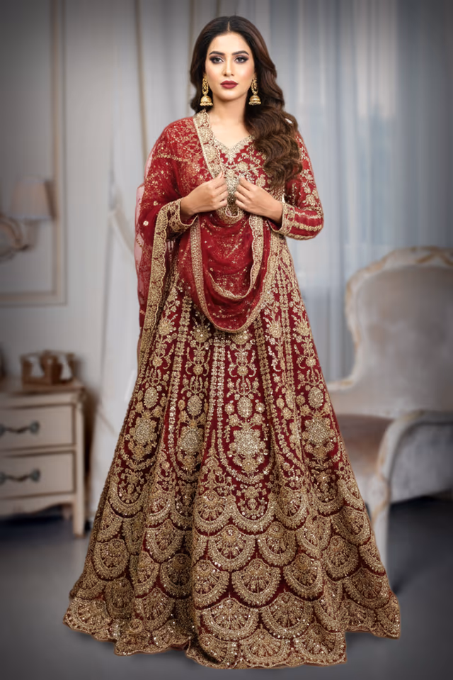 Burgundy Heavy Embroidered Arabic Lehenga  with Dupatta — back view, rent in Ernakulam