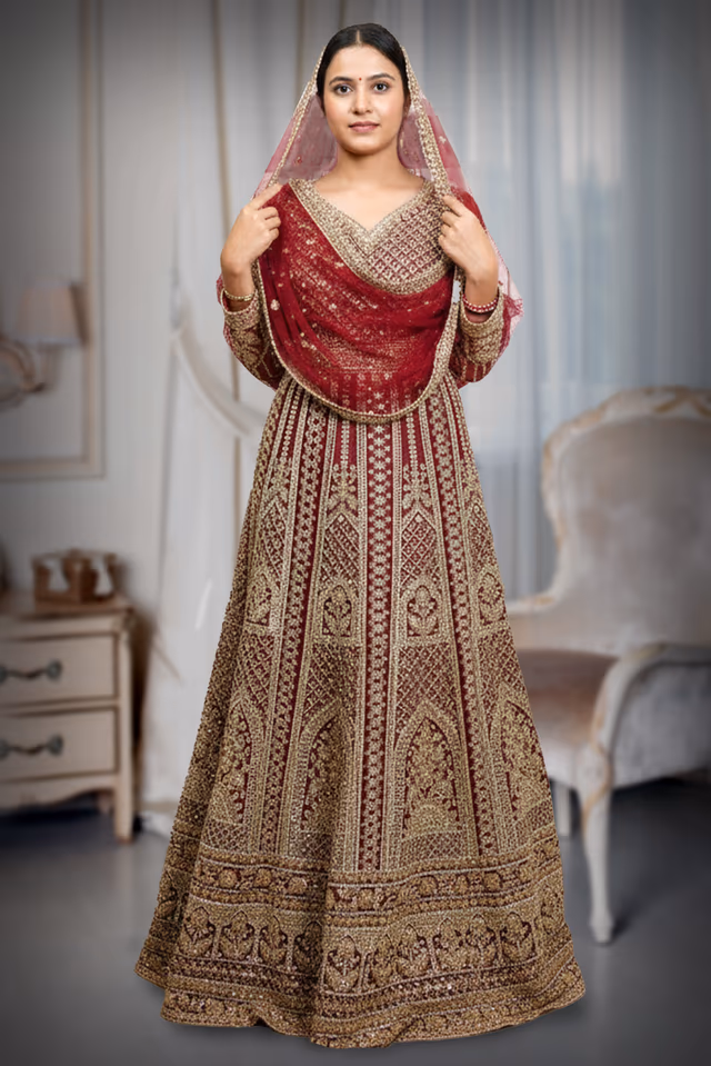 Burgundy Embroidered and Beads work Elegant  Arabic Lehenga  with Dupatta — back view, rent in Kochi